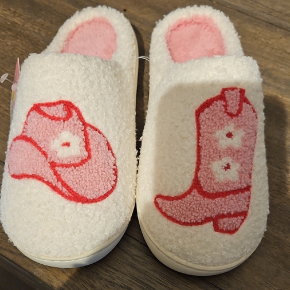 Shoes - Dolly Parton Cozy White and Pink Slippers with Red Western Design